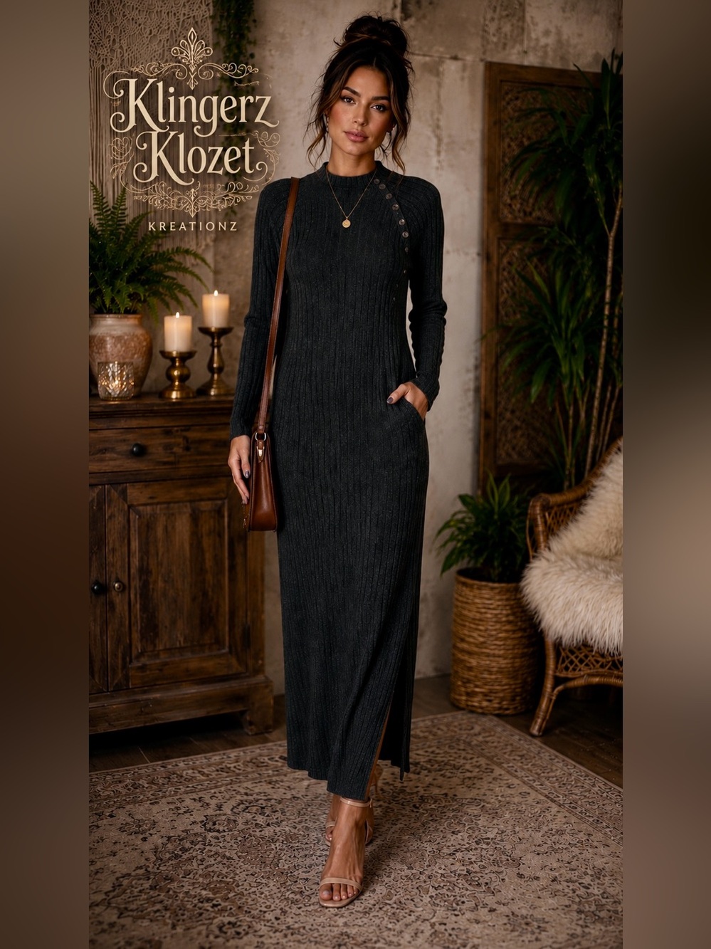 Women's Long Sleeve gray Ribbed Maxi Dress